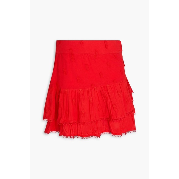 FARM RIO | Tiered Embroidered Cotton-Mousseline Mini Skirt in Red | Size Small - Picture 2 of 12
